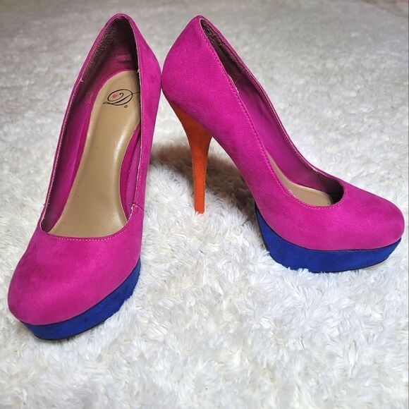 Heart in D Multicolor Platform Stiletto Suede Heels - Pink, Blue & Orange - Picture 5 of 8